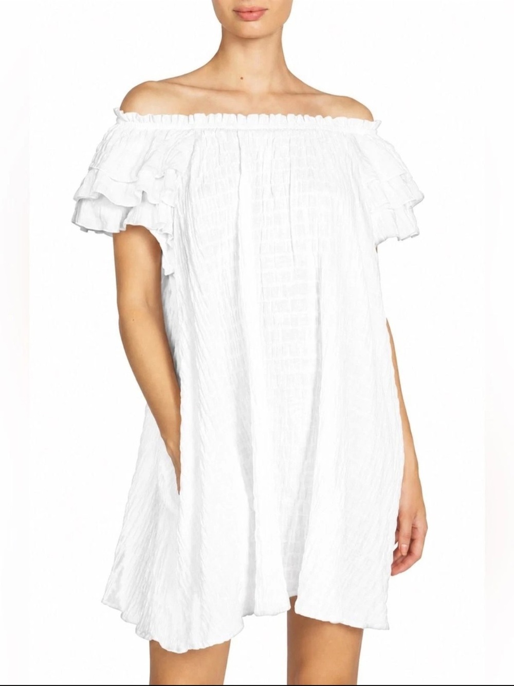 Robin Piccone Fiona Ruffle Off Shoulder Cover Up Dress Size M White NWT